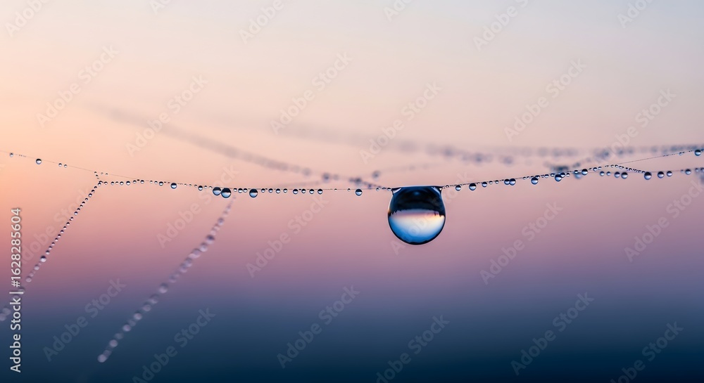 Aufkleber captivating macro view of dew drops sparkling on a delicate spiderweb at sunrise, reflecting the sof