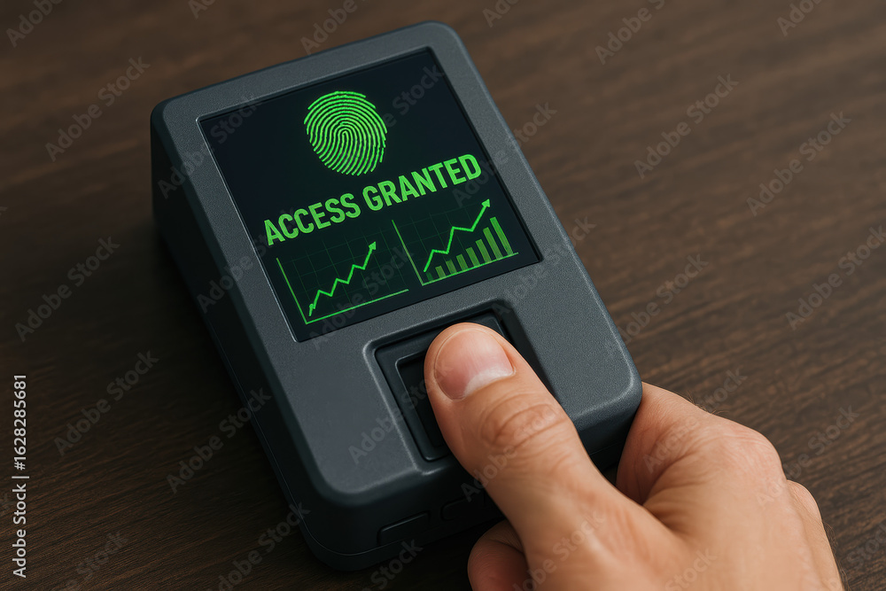 Poster access and granted permission secure financial transaction with fingerprint scan and biometric data 