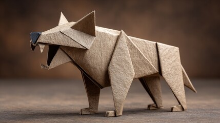 Aggressive origami hyena sculpture handmade paper craft japanese art studio environment detailed viewpoint