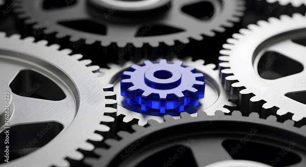 Poster dynamic interlocking gears meshing seamlessly symbolizing innovation, teamwork, and mechanical preci