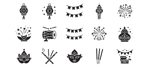 Obraz premium A collection of festive indian diwali festival elements in black and white vector style