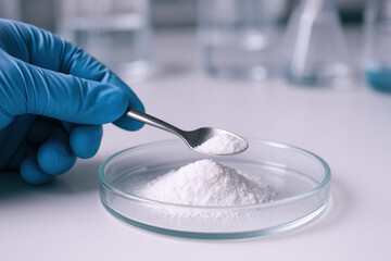 Pharmaceutical active ingredient powder carefully measured in laboratory using glove and spoon