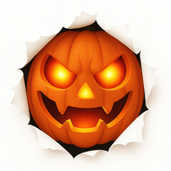 Fototapeta premium glowing jack o lantern face bursting through paper with evil grin halloween pumpkin illustration isolated on white spooky cartoon horror expression