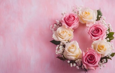 Greeting card for Valentine- wedding day- pink roses background with space for texts