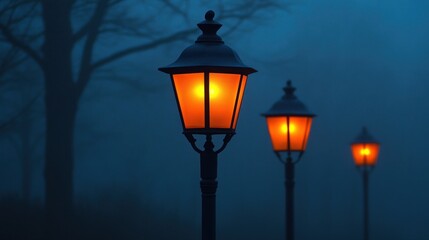 Foggy night, vintage lamps