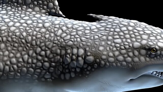 Rough, bubbly grey/white texture suggesting animal hide with small fin on black backdrop