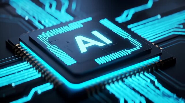 Close-up of a glowing circuit board with the word AI