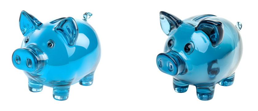 Set of Glass piggy bank in the shape of a pig with a transparent blue colour isolated on transparent background, PNG format, cut out
