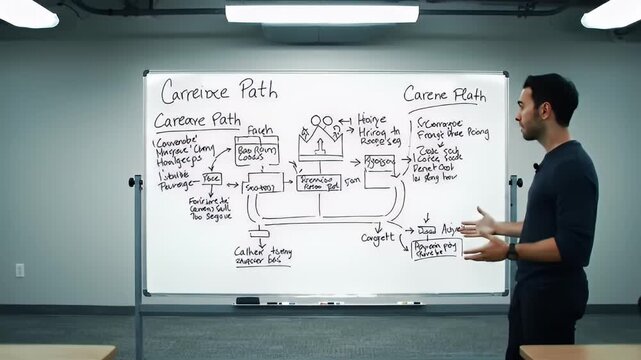Business presentation on a whiteboard with a man giving a lecture