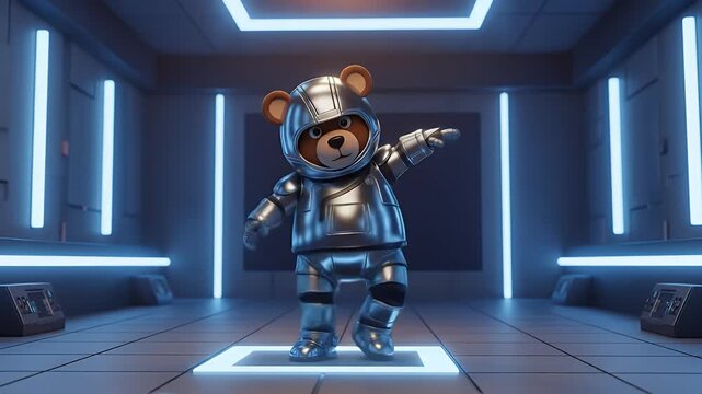 Cartoon bear dancing robot style in futuristic digital room