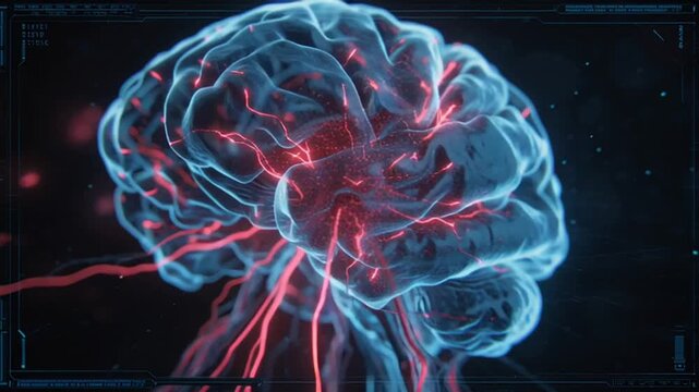 Surreal MRI brain visualization, neural synapses glowing tendrils clashing dark tumor masses, volumetric scan cinematic glowing blue red advanced futuristic HUD, healthy brain cancerous cells