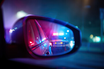 Police car lights reflecting in a car side mirror at night with a blurry background scene view
