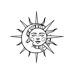 boho style sun and crescent moon face art
