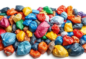 A chaotic heap of multicolored trash bags on a stark white background,  refuse,  vibrant