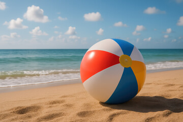 Arrangement and positioning colorful beach ball create joyful scene on sandy shore under blue sky and soft clouds
