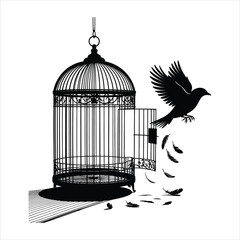 Silhouette of a bird flying out of an open ornate birdcage with scattered feathers