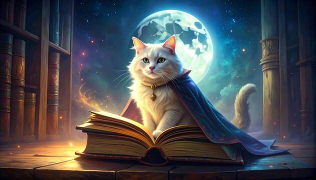 Pet costume halloween concept. Magical cat reading under a moonlit sky in a mystical library.