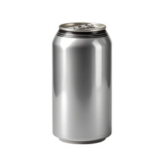 A sleek metallic silver beverage can with a pull tab lid isolated on transparent background