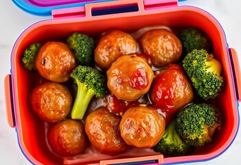 Delicious meatballs and broccoli in a colorful lunchbox, yellow, photo