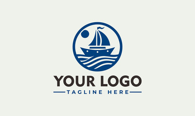 A blue sailboat sailing on wavy water under the sun, enclosed in a circle, above placeholder text.