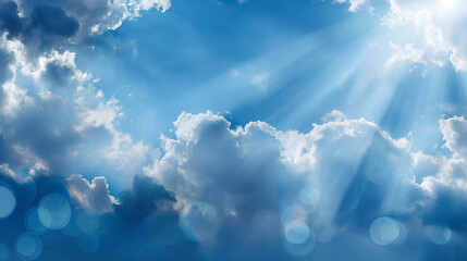 blue sky with clouds and sun rays with shiny bokeh lights,nature weather spring and summer day time social media background	