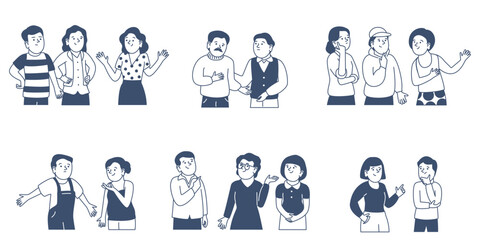 Doodle people talking. Friends communication, adults and teenagers. Hand drawn characters in casual outfit talk in group and couples, recent vector scenes