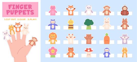 Paper finger puppets. Funny toys for cutting and play for children. Templates of bee fox bear cat lion pig giraffe monkey mushroom, racy vector set