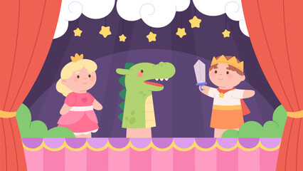 Finger dolls theater. Soft puppets on hands on stage, children fairy tale scene with prince with sword, princess and dragon. Performance racy vector concept