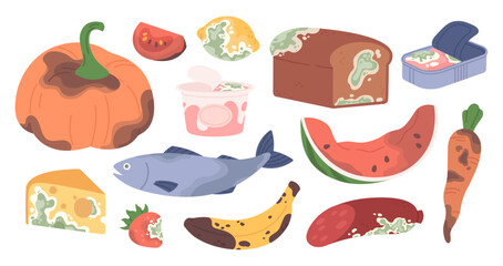 Damaged food. Cartoon expired products, organic garbage ingredients. Rotting vegetables and fruits, dairy, cheese and preserves with mildew. Racy vector set