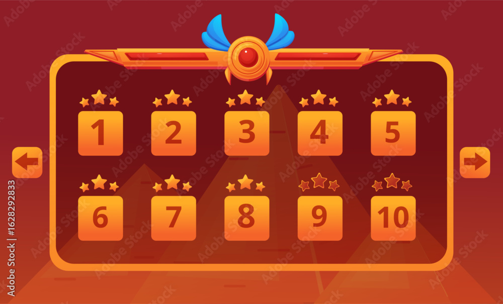 Poster select level screen in online game. banner with levels signs, open and closed. egyptian adventures p