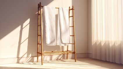 Sunlight streams into a room, highlighting a simple bamboo clothes rack with white linens