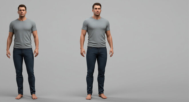 Two poses of a male digital avatar in casual clothing. 3D character model of a virtual man standing on a grey studio background.
