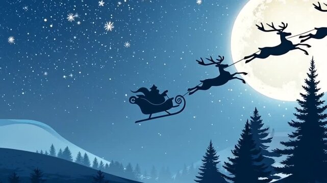 Santa Claus and his flying reindeer silhouette against a starry winter sky illustration