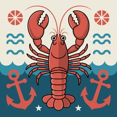 Retro Lobster with Nautical Elements &ndash; Vector Illustration