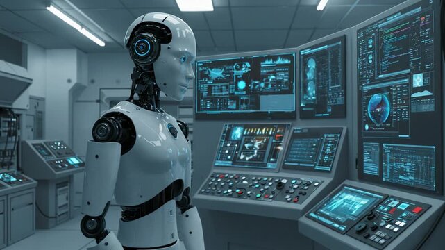 Futuristic Robot Operating Advanced Control Panels in a High-Tech Laboratory Environment, Showcasing Cutting-Edge Technology and Artificial Intelligence Capabilities