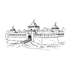 Fototapeta premium Historic castle fortress medieval architecture hand-drawn illustration tranquil landscape artistic viewpoint. Vector illustration