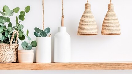 Shelf display with plants and lamps