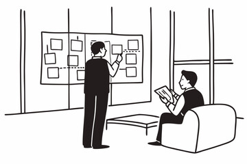 Two business professionals brainstorm and write ideas on a whiteboard in a contemporary office setting, focusing on teamwork and innovation