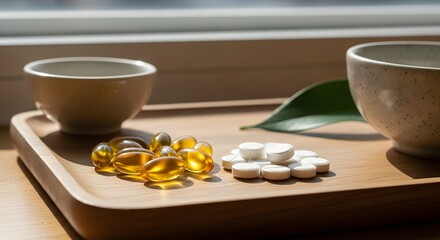 A serene morning wellness routine featuring a daily dose of essential supplements, like fish oil omega-3 capsules and vitamin tablets, served with herbal tea on a wooden tray by a sunlit window