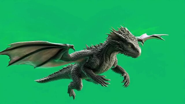 Close up of a dark gray dragon with wings spread against a vibrant green screen background green screen animal video