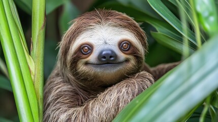 Fototapeta premium Smiling three toed sloth peeking through lush green jungle leaves