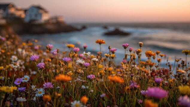 Vibrant wildflowers bloom along a coastal cliff at sunset - Powered by Adobe