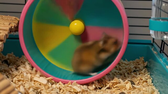 Blurry hamster running in a colorful wheel inside its cage with wood shaving bedding