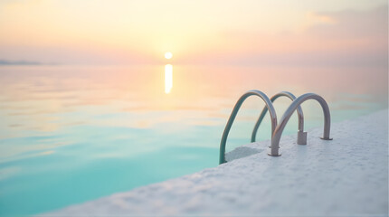 Sunrise over a pool with ladder casting light on the water surface