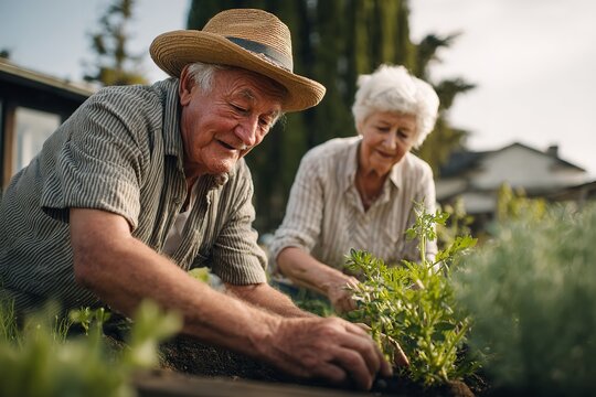 Senior Couple Gardening Together in Backyard on Sunny Day – Planting Vegetables with Joy and Teamwork