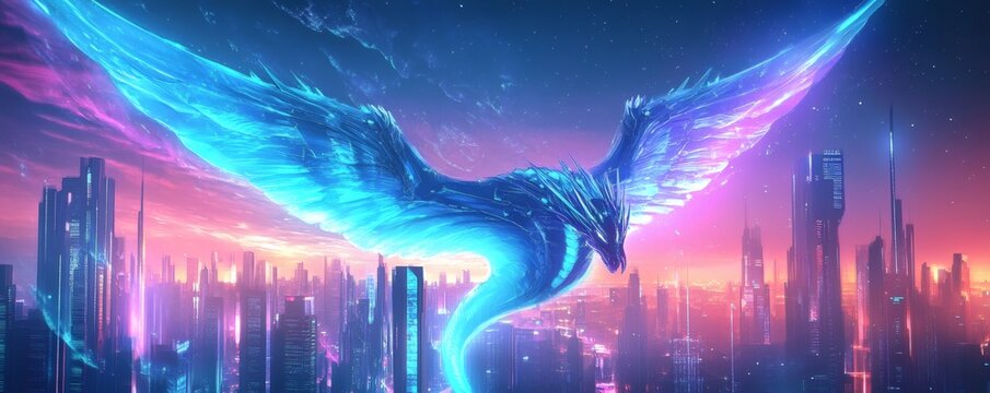 A luminous blue bird flies over a futuristic cityscape at night