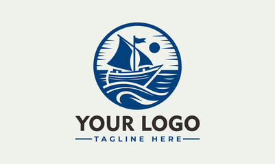A stylized blue logo featuring a sailboat sailing on ocean waves within a circular frame.