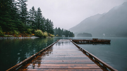 Obraz premium Tranquil Rainy Lake Dock in Forested Mountain Landscape