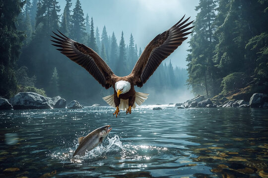 Bald Eagle Swooping Down to Catch a Fish in a River bird of prey raptor