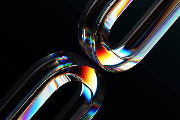 Black 3d background with glass chromatic oval ring shapes render. Abstract crystal diagonal pattern with rainbow caustic effect, neon light holographic gradient. Digital tech bg. 3D illustration